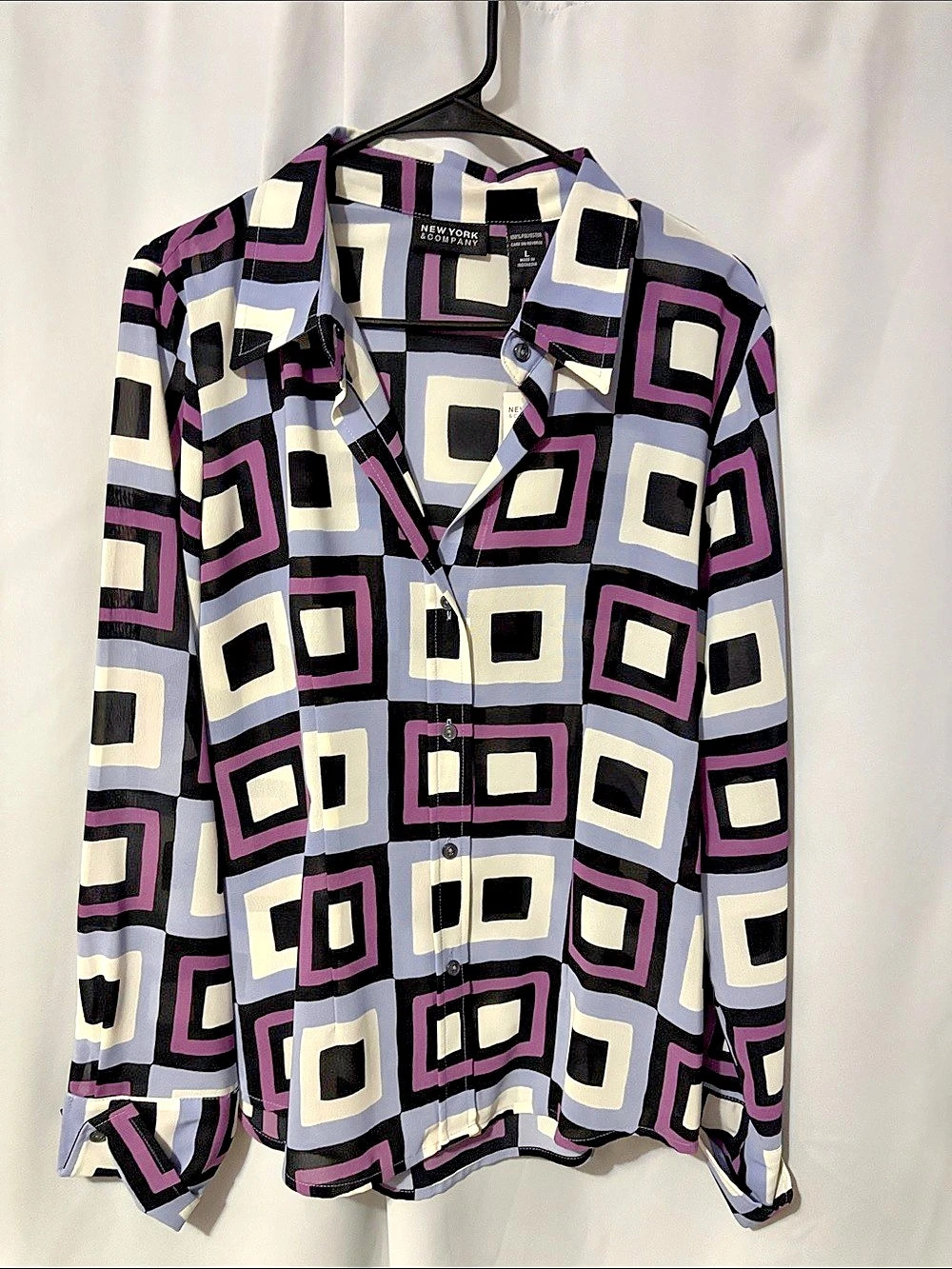 New York & Company Geometric Blouse in Purple & Black Size Large NWT